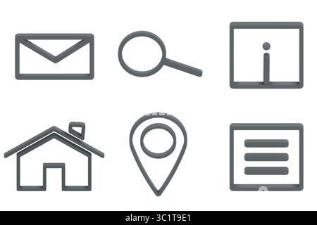 Modern 3D Line Icon Set featuring six essential web interface symbols in black. Isolated. Stock Vector