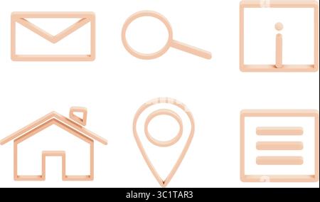 Modern 3D Line Icon Set featuring six essential web interface symbols in coral. Isolated. Stock Vector