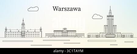 Warsaw city skyline with main landmarks (Royal castle, Royal Baths, Palace of Culture and Science )  - line art vector illustration Stock Vector