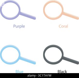 Minimalist 3d vector line icon set with the magnifier symbol. Color variants: purple, coral, blue and black. The icons are perfect for UI, apps. Stock Vector