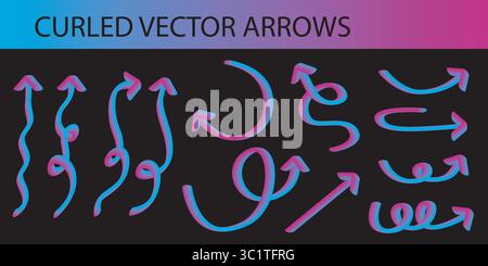 Vibrant, flourescendent and unique vector set of neon red and blue gradient squiggly curled arrows in 3D effect, a modern red-to-blue color transition Stock Vector