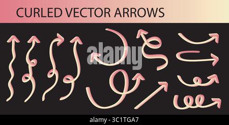 Vibrant, flourescendent and unique vector set of neon yellow and peach gradient squiggly curled arrows in 3D effect, a modern yellow-to-peach color. Stock Vector