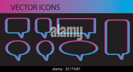 Colorful gradient with neon and 3D effect speech bubble vector icon set. Modern chat bubble featuring a violet red to laguna blue color transition. Stock Vector