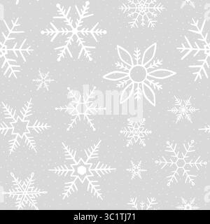 Falling snowflake. Seamless pattern snowflakes. Design grey texture prints. Winter season. Snow flakes background. Repeated frozen star. Repeating bg Stock Vector