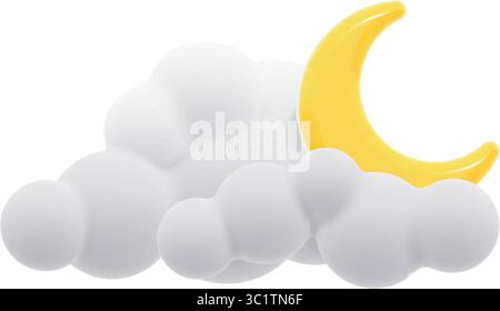 This glossy 3D-style vector icon features a soft white cloud partially covering a shiny yellow crescent moon. Designed in a smooth cartoon style. Stock Vector