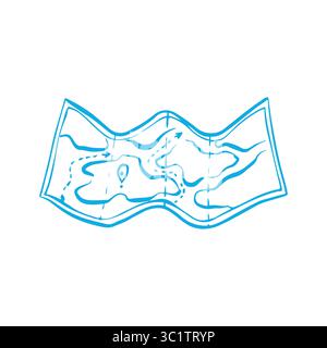 Map icon isolated on white background. Illustration of open map in doodle style. Simple vector monochrome illustration in blue color. EPS 10 Stock Vector