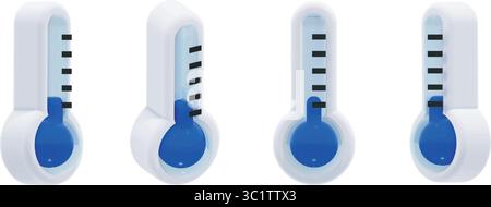 3d vector thermometer weather icon, global cold temperature in blue. Includes four different angles. Glossy modern look, ideal for weather apps. Stock Vector