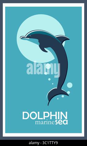 Dolphin poster, flat illustration in sea colors vector Stock Vector