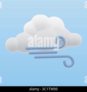 3D vector weather icons featuring fluffy clouds and swirling wind lines. This icon represents breezy or windy conditions. Isolated on a light blue sky Stock Vector