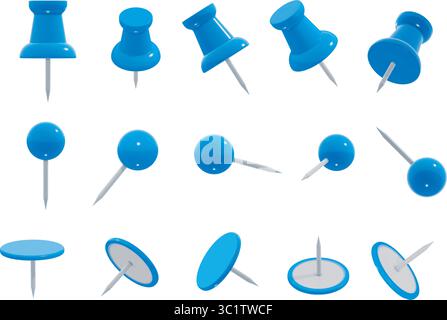 Set of realistic different blue push pin shapes, isolated, in various angles. 3D vector illustration of round-head, flat-head thumb tacks. Stock Vector