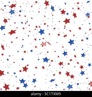 Festive 4th of July design featuring red and blue falling stars and confetti, isolated. This patriotic overlay is perfect for Independence Day. Stock Vector