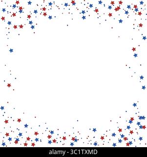 Festive 4th of July design featuring red and blue stars and confetti border, isolated. This patriotic overlay frame is perfect for Independence Day. Stock Vector