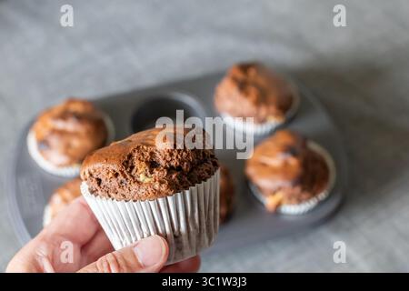 A home baked chocolate chunk muffin from a Betty Crocker muffin mix Stock Photo