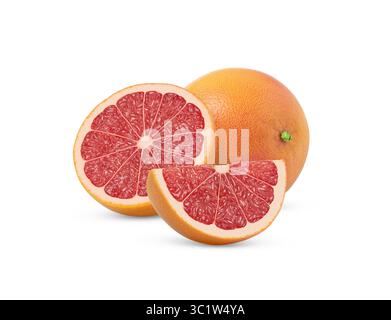 Juicy whole grapefruit fruit and two slices isolated. Grapefruit and a half with slice cut out. Stock Photo