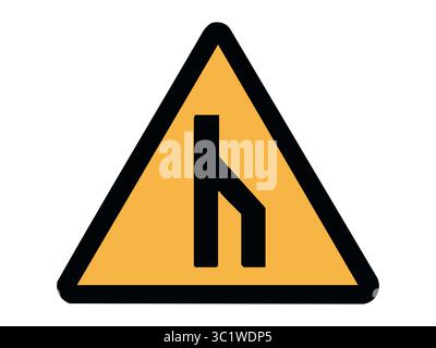 Warning road sign with lane merging from right inside yellow triangle isolated on white background, graphic illustration. Concept of road merge, traffic flow, highway connection, safety alert. Stock Vector