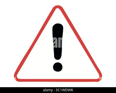 Warning road sign with black exclamation mark in red triangle isolated on white background, graphic illustration. Concept of general caution, road safety alert, attention signal, design element. Stock Vector