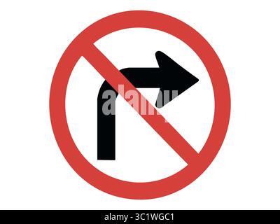 No right turn traffic sign with black arrow crossed by red circle isolated on white background, graphic illustration. Concept of road restriction, traffic regulation, turn prohibition, design element. Stock Vector