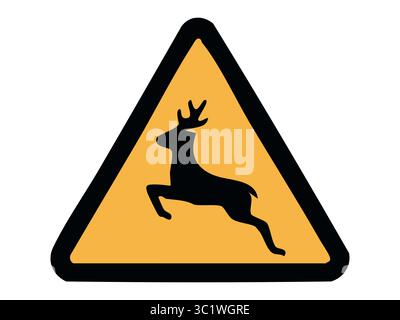 Wild animals warning road sign with black deer silhouette inside yellow triangle isolated on white background, graphic illustration. Concept of wildlife crossing, animal danger, traffic alert. Stock Vector