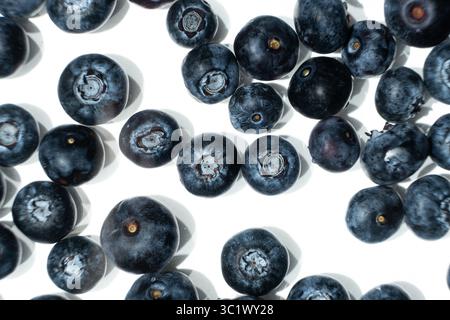 Summer berry background of fresh blueberries in water top view. Stock Photo