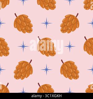 Cute seamless pattern with pines and blue stars on pastel pink background in polka dot order. Flat cartoon style, perfect for winter, kids, wrapping, Stock Vector