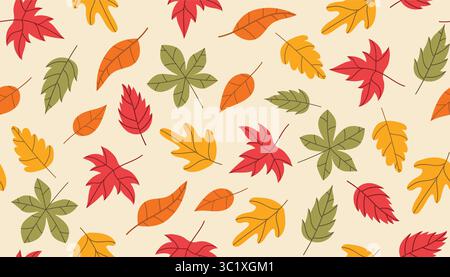 Cute seamless pattern with falling autumn leaves in flat style arranged in messy order. Warm and natural design perfect for seasonal decor, fabric, wr Stock Vector
