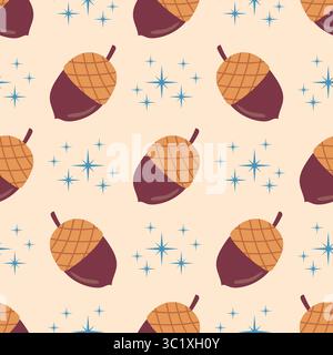 Cute seamless pattern with acorns and blue stars on pastel beige background in polka dot order. Flat cartoon style, perfect for autumn, fabric, wrappi Stock Vector