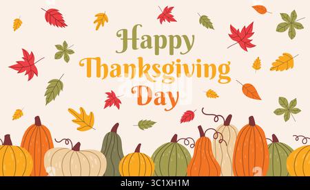 Cute happy Thanksgiving horizontal greeting poster with border of pumpkins and falling autumn leaves in flat cartoon style. Warm festive design for ho Stock Vector