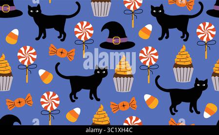 Cute Halloween seamless pattern with black cat, candies, cupcake, and witch hat on dark blue background in flat cartoon style. Fun festive design for Stock Vector
