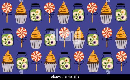 Cute Halloween seamless pattern with cupcakes, jars with eyeballs, and twisted lollipops on dark blue background in flat cartoon style. Spooky sweet d Stock Vector