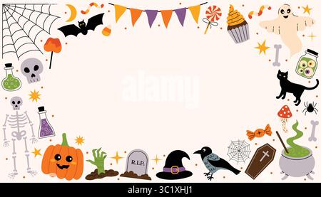 Cute happy Halloween horizontal frame with spider web, skeleton, pumpkin lantern, candies, bunting, black cat and more on white background in flat car Stock Vector