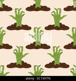 Cute happy Halloween seamless pattern with green zombie hands rising from the ground in polka dot order on beige background in flat cartoon style. Spo Stock Vector