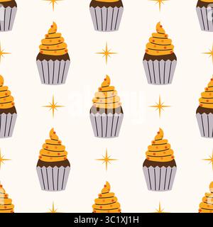 Cute seamless pattern with colorful cupcakes and tiny stars in polka dot order on white background in flat cartoon style. Sweet and festive texture fo Stock Vector