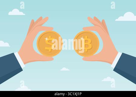 Bitcoin and Dollar Currency, Vector Illustration. Hands Holding Bitcoin Coin and Dollar Coin. Bitcoin Cryptocurrency Exchange, Bitcoin Investment Stock Vector