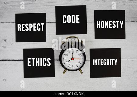 Ethics, Respect, Code, Honesty, Integrity text written on sticky note and alarm clcok flat lay on wooden background Stock Photo
