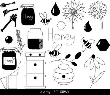 Honey set. Jars, bee, hive, spoon, honeycomb, clover, honeycomb. Honey set. Vector graphic line illustration. For poster, invitation, backdrop, ad, sa Stock Vector