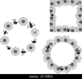 Sunflower and bees Honey circle round square frame set. Vector graphic line illustration. for packaging, decor. Petals frame, black silhouette isolate Stock Vector