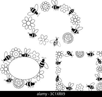 Wild flowers and bees Honey oval rectangle frame set. Vector graphic line illustration. Isolated meadow plants and leaves. Herbal engraved style illus Stock Vector
