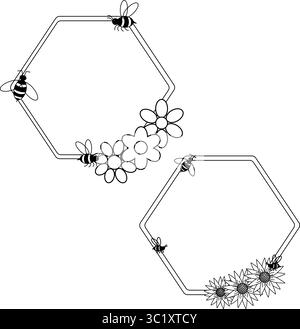Black hexagon, honeycomb, bees Honey frame set. Vector graphic line illustration. Asset for photo collage, montage or clipping mask. Transparent backg Stock Vector