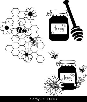 Elegant honey jar with bee and hexagon Honey composition set. Vector graphic line illustration. design for fashion graphics, textile prints, fabrics, Stock Vector