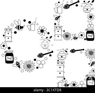 Blank honey Honey circle round square frame set. Vector graphic line illustration. brand tag, sale sticker, quality mark, promotional badge, shopping Stock Vector