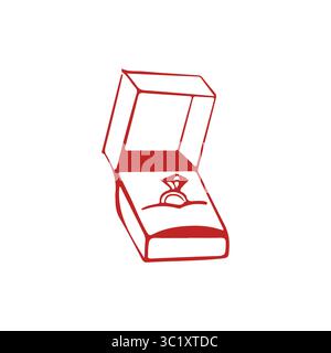 Wedding ring in a box linear drawing. Wedding icon. Marriage proposal. Vector illustration in red color. Stock Vector