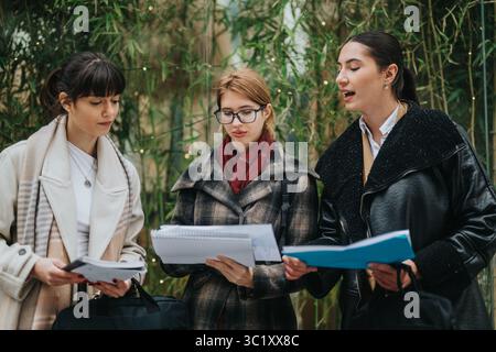 Three women collaborating outdoors, reviewing documents and discussing work ideas. Stock Photo