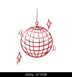 Disco ball doodle hand drawn icon. Outline drawing disco ball for party line clipart symbol. Disco ball for weddings and birthdays. Vector illustration in red Stock Vector