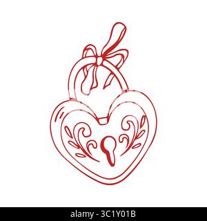 Red heart-shaped lock with a bow. Vector linear illustration in sketch style. Retro lock. Wedding attribute on a white background. Symbol of love and marriage. Valentines Day Stock Vector