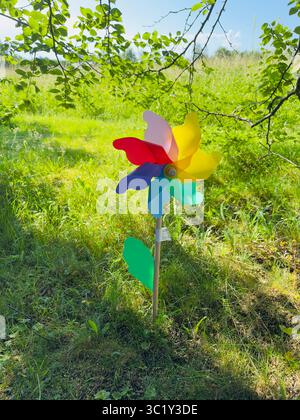 A cheerful pinwheel spins in a grassy field on a bright, sunny day. Stock Photo