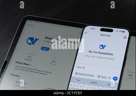 New York, USA - July 18, 2025: Create promt how to in DeepSeek on smartphone screen close up on tablet background Stock Photo