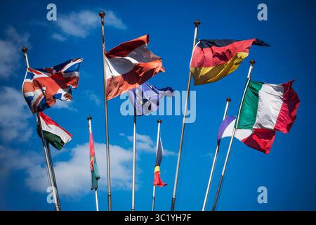 Flags of European countries blowing in strong breeze Stock Photo