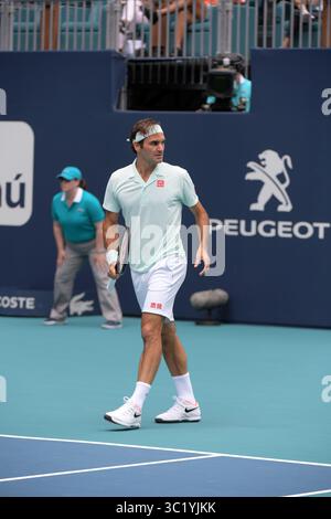March 31, 2019 - Miami Gardens, Florida, United States Of America - MIAMI GARDENS, FLORIDA - MARCH 31: Roger Federer of Switzerland defeats John Isner of USA in the final during day fourteen of the Miami Open tennis on March 31, 2019 in Miami Gardens, Florida. ...People: Roger Federer. (Credit Image: © SMG via ZUMA Wire) Stock Photo