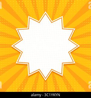Pop art style template with blank geometric shape for text. Comic background with halftone, rays and dots. Vector illustration Stock Vector