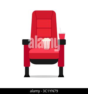 Red movie theater chair icon symbol. Cinema seat with soda and popcorn bucket on it isolated on white background. Vector illustration Stock Vector